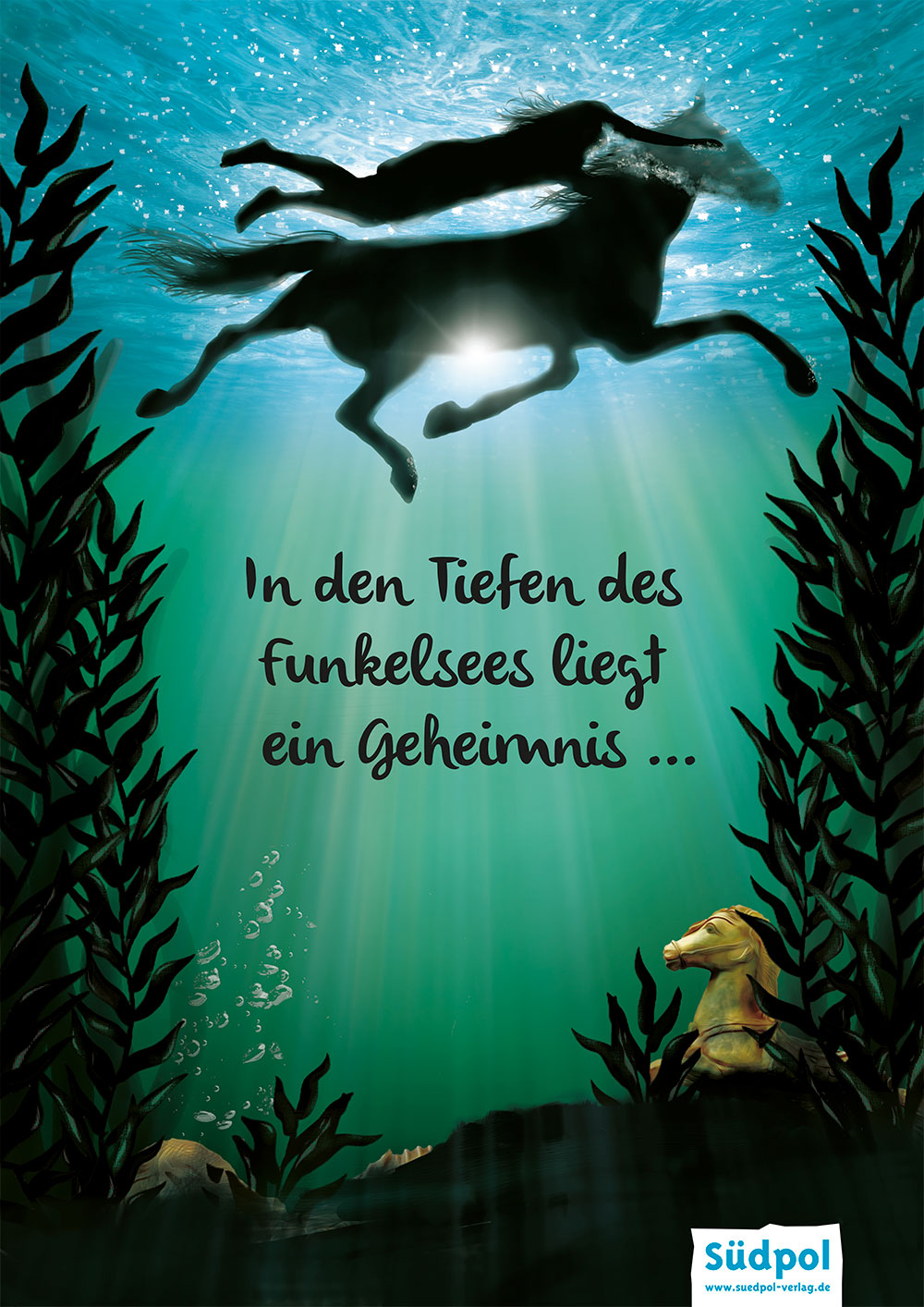 Pferde-Poster zum Buch: Funkelsee – In den Tiefen des Funkelsees liegt ein Geheimnis …, Coverillustration „Funkelsee – Versunken in der Pferdebucht“ von Ina Krabbe, Umschlaggestaltung Ina Krabbe