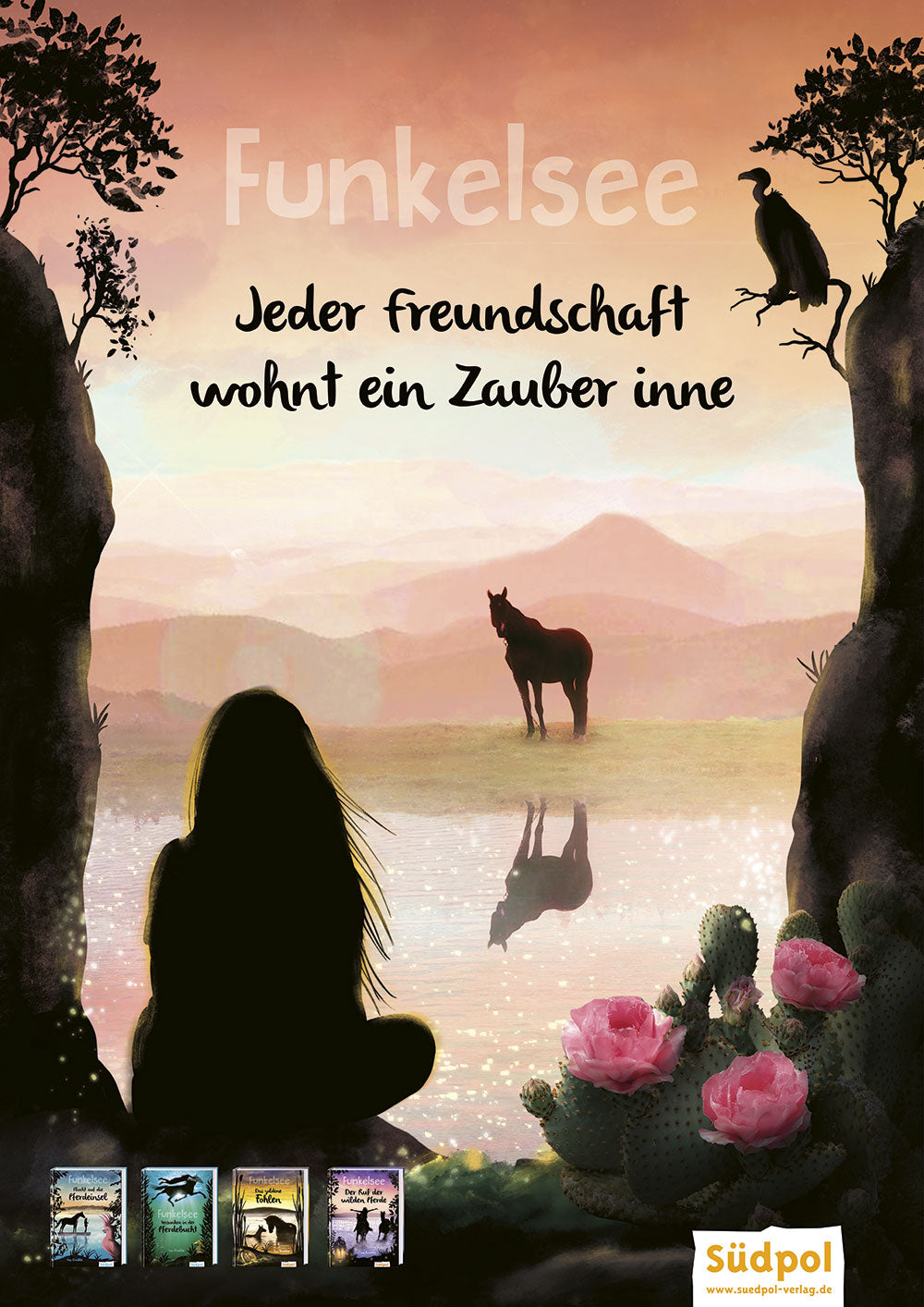 Pferde-Poster zum Buch: Funkelsee – Jeder Freundschaft wohnt ein Zauber inne, Coverillustration „Funkelsee – Das Tal der verlorenen Pferde“ von Ina Krabbe, Umschlaggestaltung Ina Krabbe